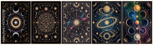 A series of Tarot black and gold cards back covers with a crescent moon, stars and mystical elements on them. Vector illustration
