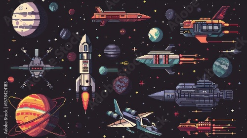 Retro pixel art space scene with diverse spacecrafts and celestial bodies