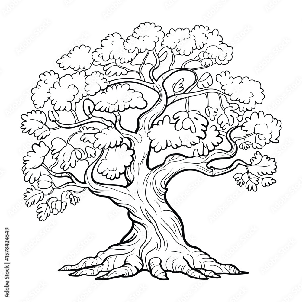 Fototapeta premium Tree Coloring Page, Vector, Illustration, Icon, Outline, Line Art, Silhouette, White Background.