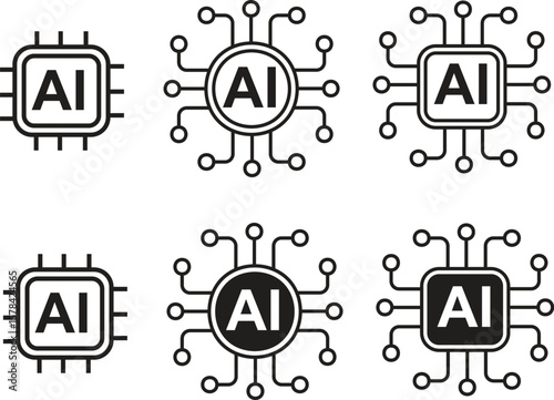 Artificial Intelligence Chip Icons Set – Vector Microchip & Circuit Board Symbols