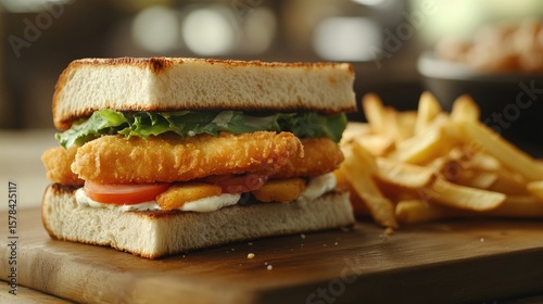 Fish Finger Sandwich on wooden board with potato fries