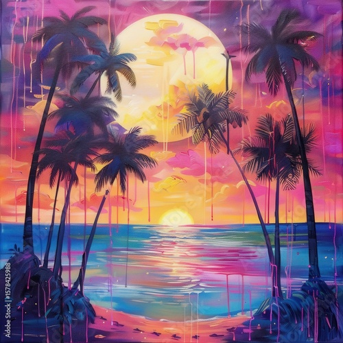 retro synthwave sunset with palm trees grid .