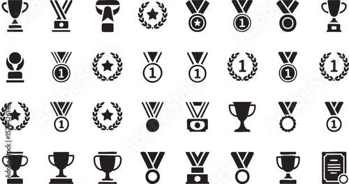 Collection of Black and White Award Icons on Transparent Background: Medals, Trophies, Laurels, and Certificates for Achievements, Competitions, and Recognition