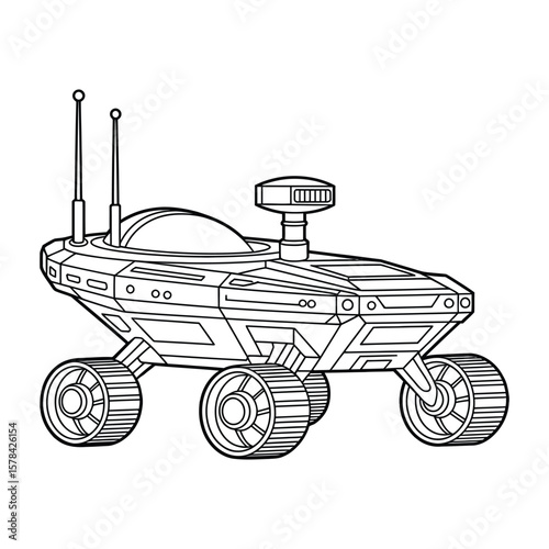 Space Rover Coloring Page, Vector, Illustration, Icon, Outline, Line Art, Silhouette, White Background.