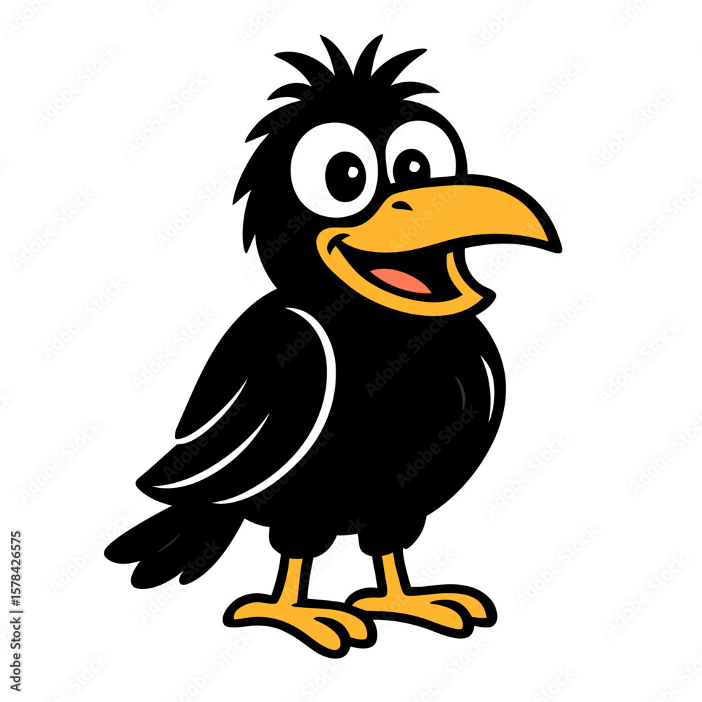 Fototapeta premium Goofy and cheerful cartoon crow mascot. This friendly black bird has big, happy eyes, a wide smile, and spiky hair. Simple vector art isolated on a white background. 