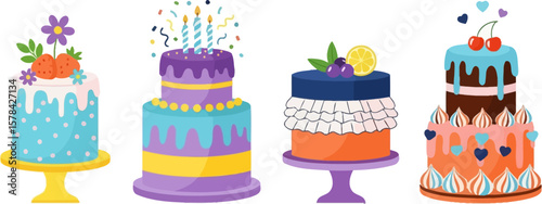 Collection of four colorful layered cakes with decorations and candles