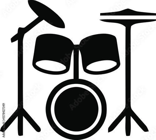 A minimalist black drum set illustration on a white background, featuring two cymbals, a snare drum, and a bass drum. The design is simple and stylized, emphasizing the shape and silhouette of .....