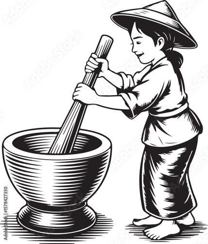 Girl Using Mortar and Pestle Illustration