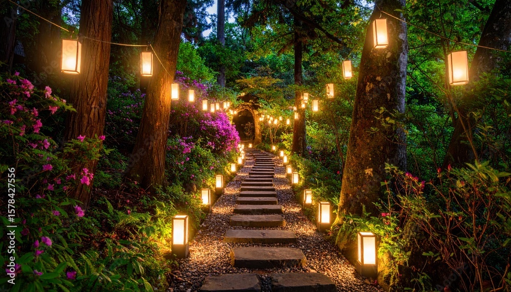 Obraz premium Magical forest path leading to glowing grotto