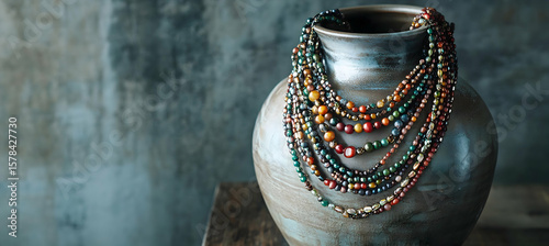 Close-up of decorative ceramic vase featuring ornate floral designs and textured glaze alongside a detailed tribal beaded necklace on wooden surface

