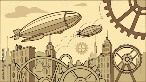 Illustration of steampunk city with airships, gears, and buildings in sepia tones and vintage style