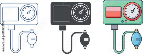 Three styles of medical blood pressure monitor with gauge and bulb