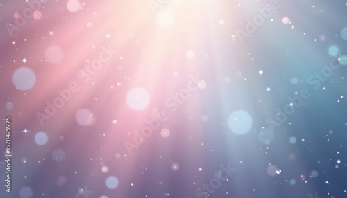 Light rays emanate from the top illuminating a purpleblue gradient backdrop with bokeh circles and scattered sparkles