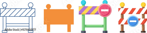 Collection of four different construction barriers with warning lights and signs