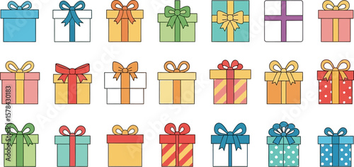 Collection of various colorful gift boxes with ribbons and bows
