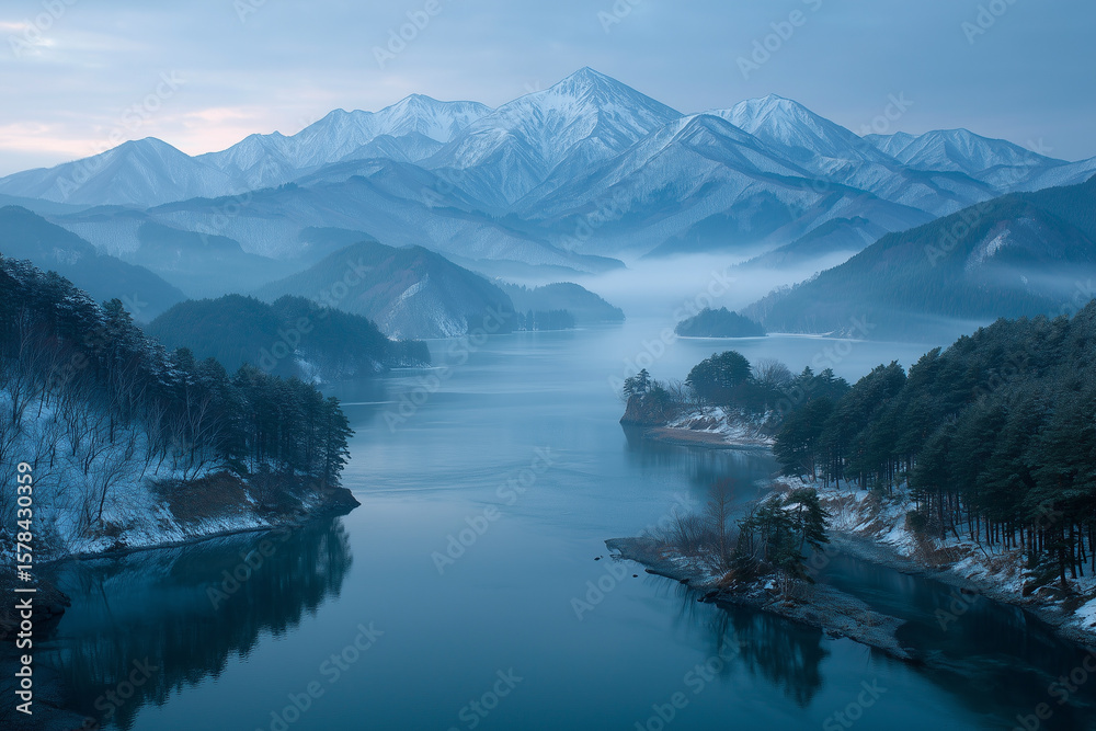 Naklejka premium A serene landscape of Lake Hibara with foggy air and snow-covered islets, framed by forested hills and mountain peaks.