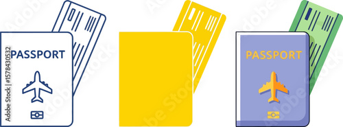 Set of travel icons showing passports and boarding passes for air travel