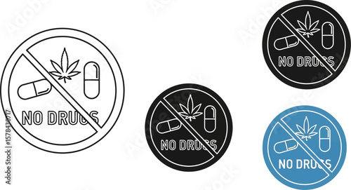 Set of no drugs prohibition signs with cannabis leaf and pills