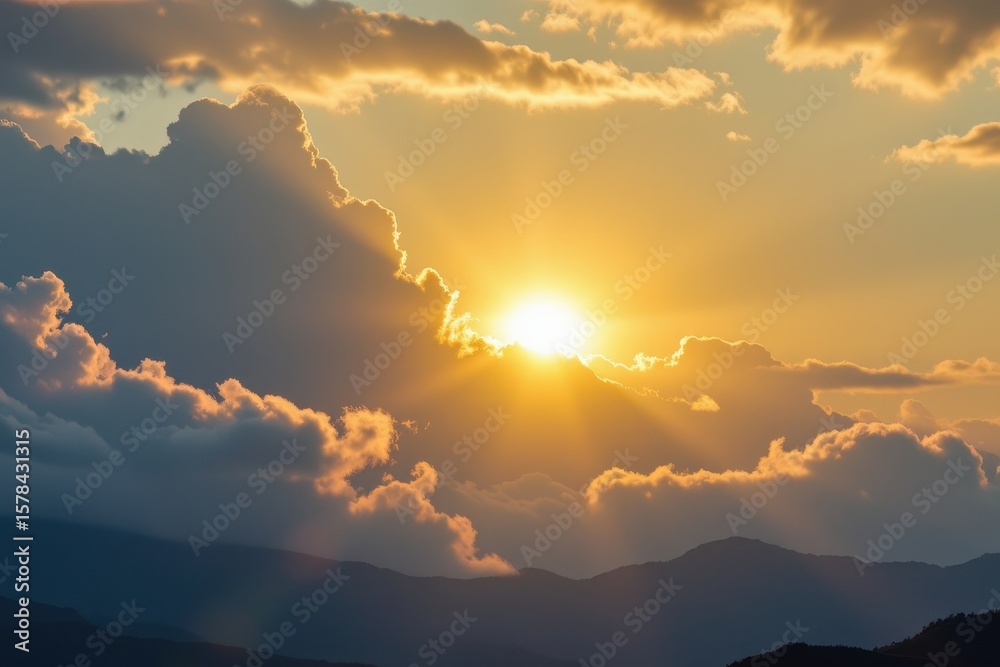 Fototapeta premium clouds stack high like mountains, a quiet hum fills the air, the sun vanishes behind thick gray walls, and the temperature suddenly drops