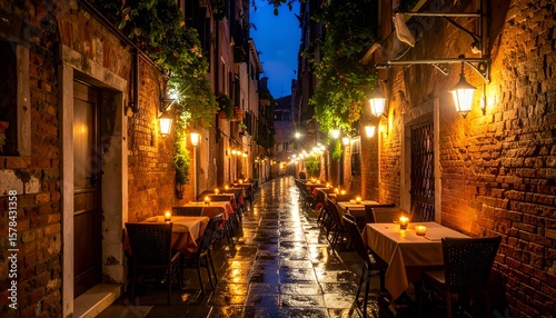 Venetian Alleyway at Night with Outdoor Dining.
