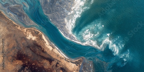 Aerial view of river meeting ocean with land formation