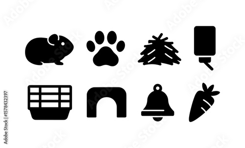 Essential icons for guinea pig care: silhouette set of pet supplies and accessories