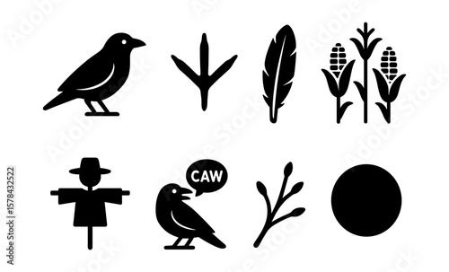 Silhouette icons: crow, scarecrow, feather, corn, circle, bird track, willow branch
