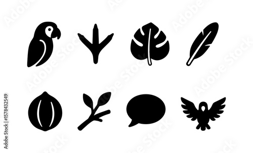 Tropical elements silhouette: parrot, leaf, feather, and nature icons