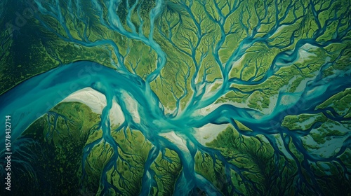 Aerial view of braided river system, green landscape