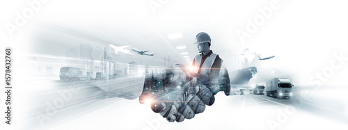 Transportation and logistics concept of integrated with digital connectivity and global networking with various modes, Partnership handshake, Business deal agreed upon transport.