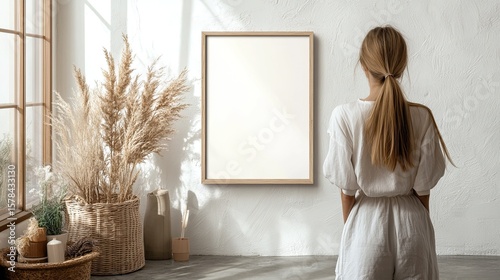 Woman holding a vertical A4-sized wooden frame mockup in a white-themed room.