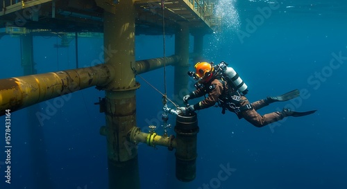 Diver inspects underwater structure