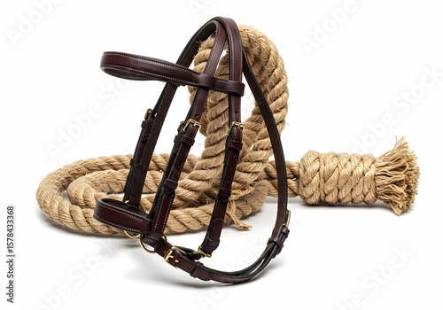 Horse Bridle and Rope on white background