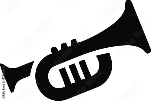 A stylized black silhouette of a trumpet, featuring a flared bell and three valves. The design is simple and elegant, with smooth lines and a minimalist aesthetic. The background is white, providing..