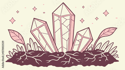 Illustration of three pink crystals growing from soil with roots and leaves with stars around them