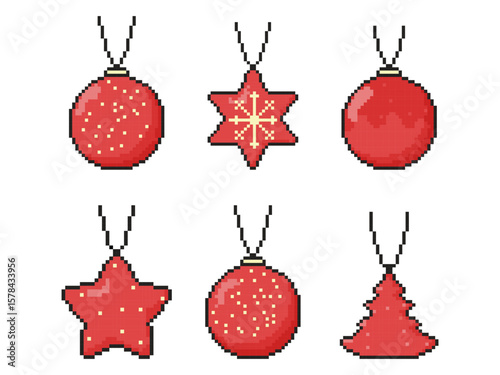 8 bit christmas bauble toys icon set. Pixel art object. Retro 80s,90s video game graphics.