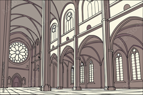 Illustration of a cathedral interior with arches, columns, and a large rose window, detailed line work