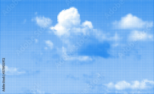 Blue sky collage with halftone effect. Vintage pop art style with dotted texture.