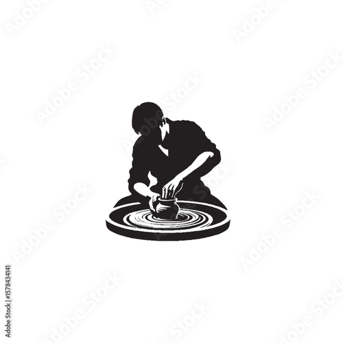 Potter Shaping Clay on Wheel Silhouette on White Background – Vector Illustration for Artisan Craftsmanship, Ceramic Art, and Traditional Pottery Concepts
