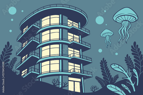 Illustration of a modern building with balconies and jellyfish floating around in the night scene