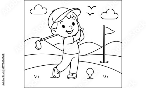 Cute cartoon kid playing golf coloring page for children