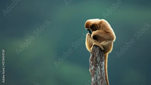 A pensive gibbon sits peacefully atop a weathered tree stump in its natural habitat.