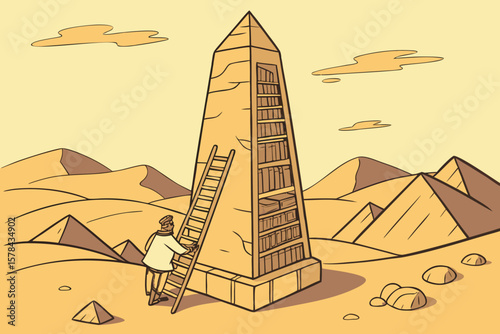 Man climbs ladder to pyramid bookshelf in desert landscape with pyramids and clouds in the sky scene
