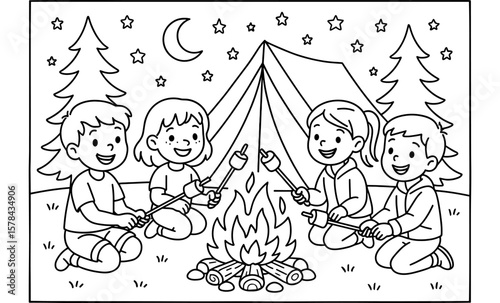 Camping adventure with kids roasting marshmallows under the stars line art