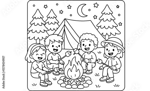 Camping adventure for kids: fun night scenes coloring page