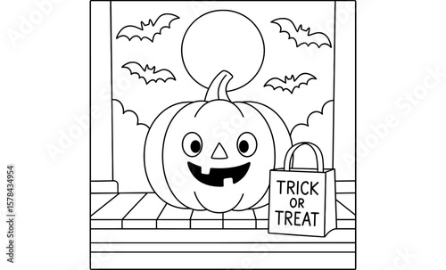 Halloween coloring page with smiling pumpkin and trick or treat bag