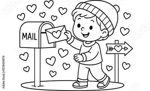 Cute child mailing love letter in black and white coloring page for kids