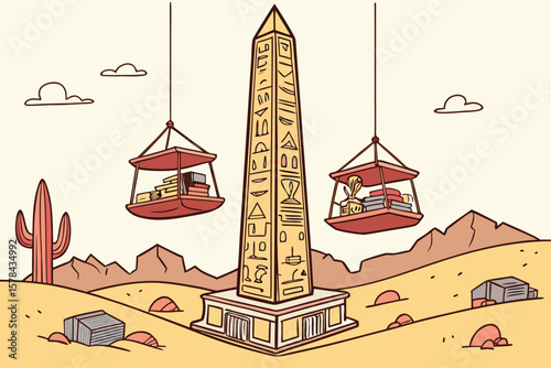 Illustration of an egyptian obelisk in a desert landscape with hanging book platforms on either side