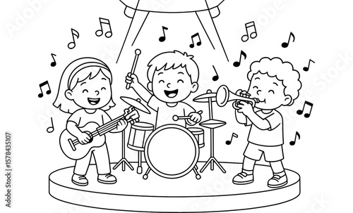 Kids band coloring page: fun musical performance with instruments and notes