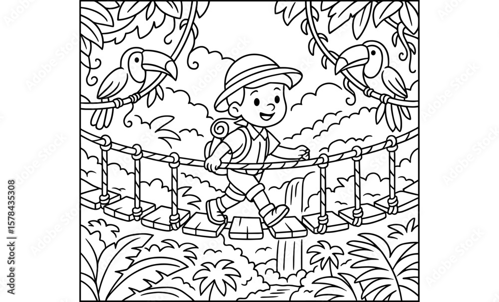 Jungle adventure: boy crossing rope bridge with parrots and waterfall Jungle adventure: boy crossing rope bridge with parrots and waterfall